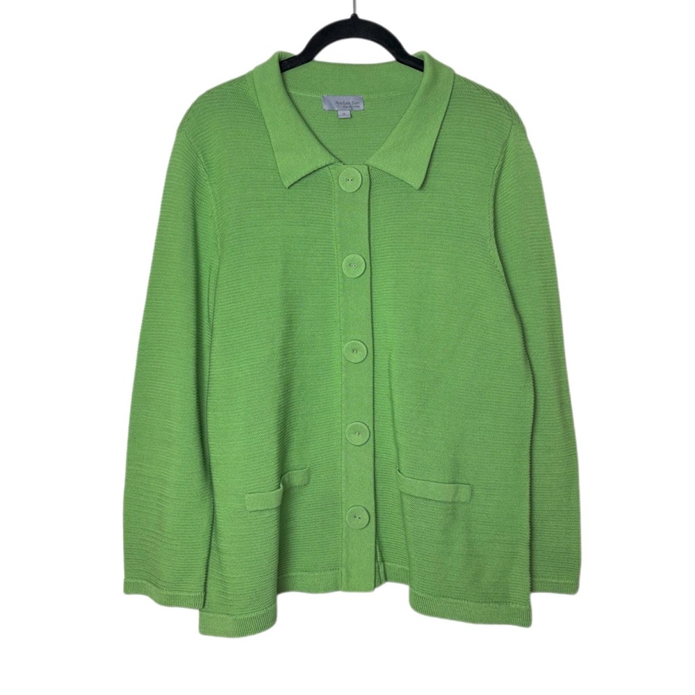 Amber Sun Green Button-Up Knit Cardigan Woman's Medium 100% cotton w/ pockets